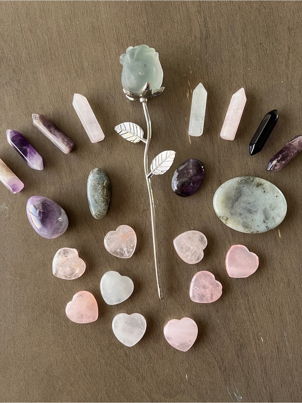Crystal Rose Stem with Assorted Crystal Bundle Lot - Rose Quartz, Amethyst